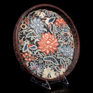 Appraisal: A Chinese Embroidered Silk Inset Hardwood Circular Tray SILK TH