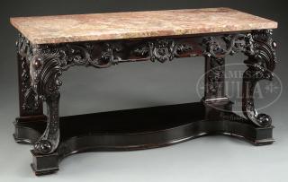 Appraisal: ANGLO-INDIAN CARVED ROSEWOOD SIDE TABLE WITH MARBLE TOP th century