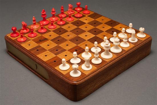 Appraisal: Continental parquetry wood chess board with carved and painted ivory