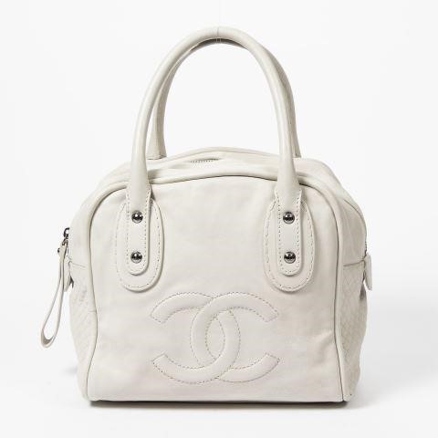 Appraisal: Chanel CC logo Bowling handbag in white small grained leather