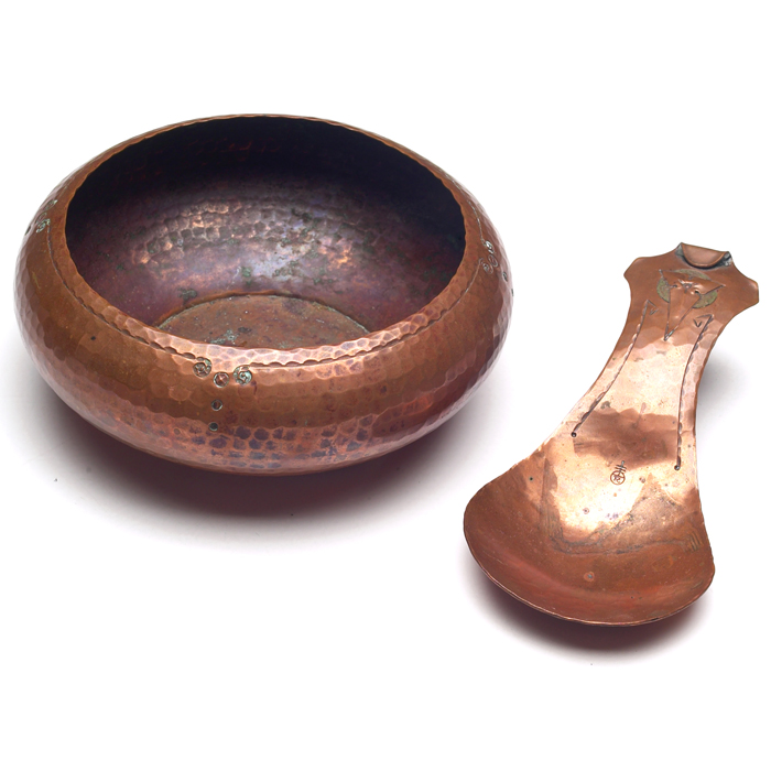 Appraisal: Roycroft bowl and spoon hammered copper with tooled designs original