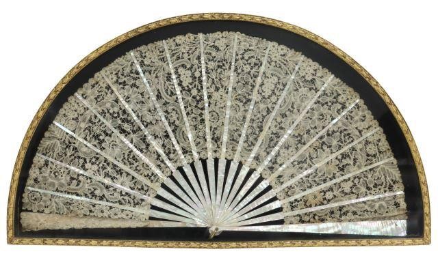 Appraisal: Framed lady's folding fan ivory-colored lace mother of pearl sticks