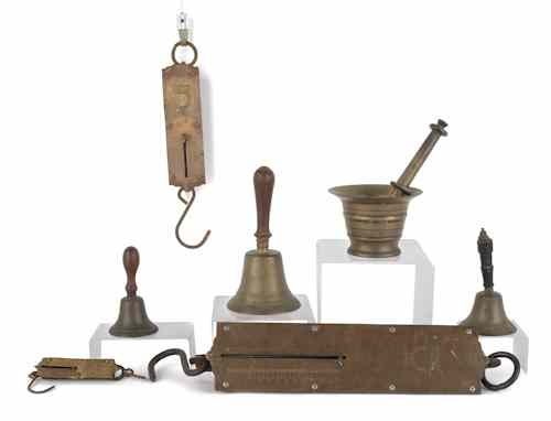 Appraisal: Three spring scales together with three brass school bells and