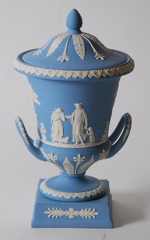 Appraisal: LARGE WEDGWOOD PALE BLUE JASPERWARE TWO HANDLED URN AND COVER