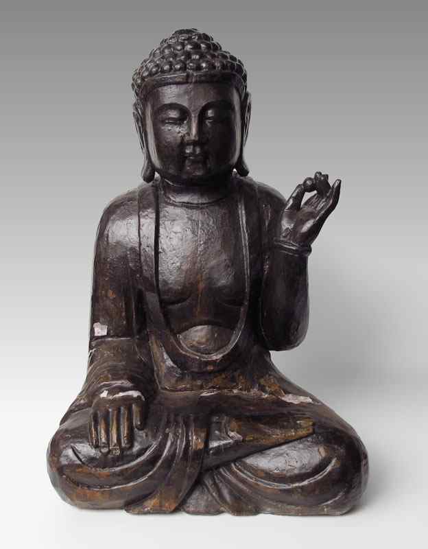 Appraisal: th C CARVED WOOD BUDDHA Gesso and lacquer over wood