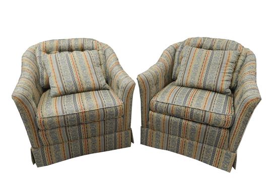 Appraisal: Pair of th C upholstered barrel-back armchairs striped blue upholstery