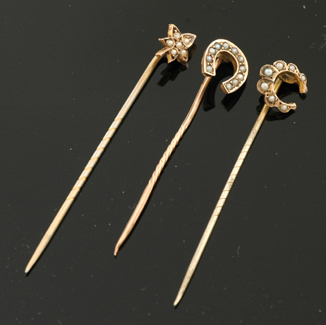 Appraisal: THREE ANTIQUE SEED PEARL STICK PINS SOME GOLD