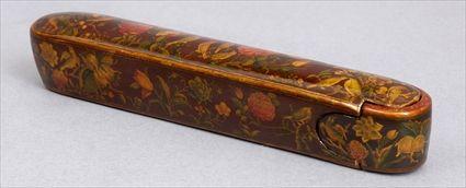 Appraisal: PERSIAN MAROON-GROUND LACQUER PEN BOX The sliding case with birds