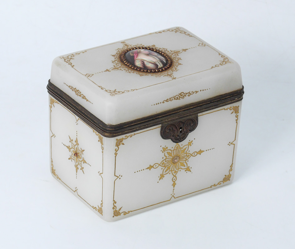 Appraisal: MOSER GLASS JEWELRY CASKET Attributed Moser white opaline glass hinged