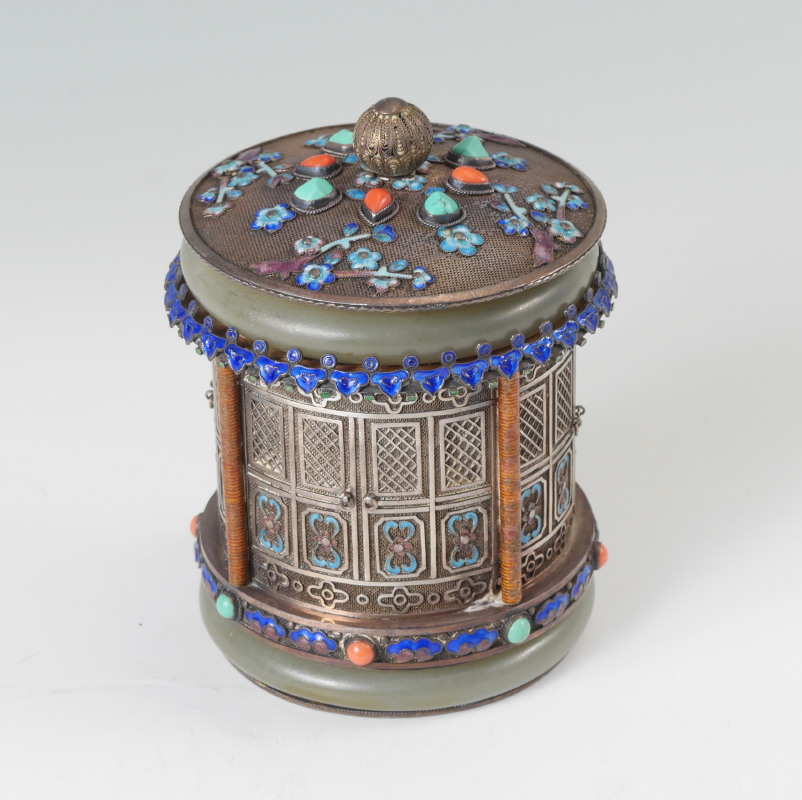 Appraisal: CHINESE ENAMEL SILVER JADEITE TEA CADDY Early th century removable