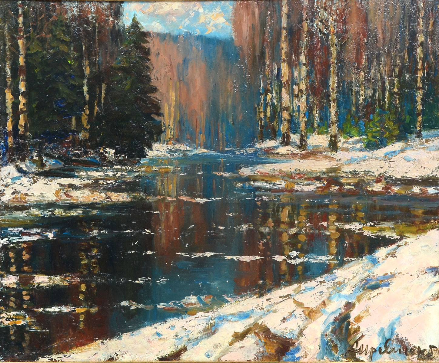 Appraisal: UPELNIEK Artur Russian - Winter Landscape with River Oil Canvas