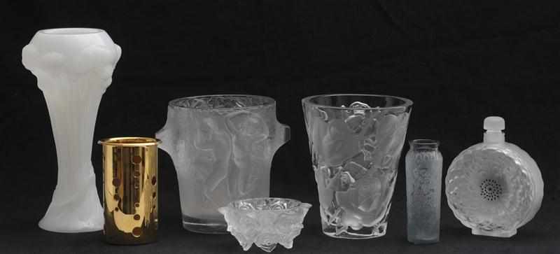 Appraisal: SIX LALIQUE MOLDED GLASS ARTICLES Including three vases decanter wine