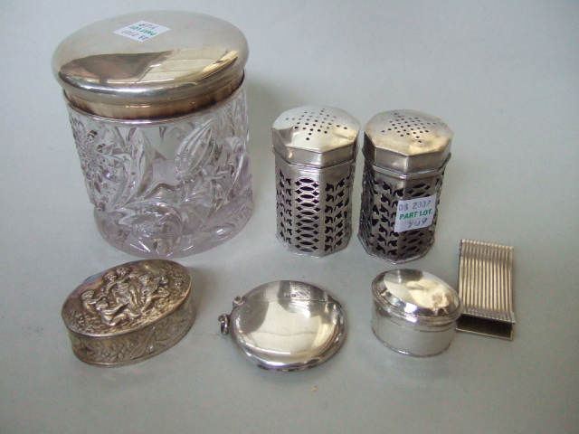 Appraisal: Mostly silver comprising a decorated glass dressing table jar the