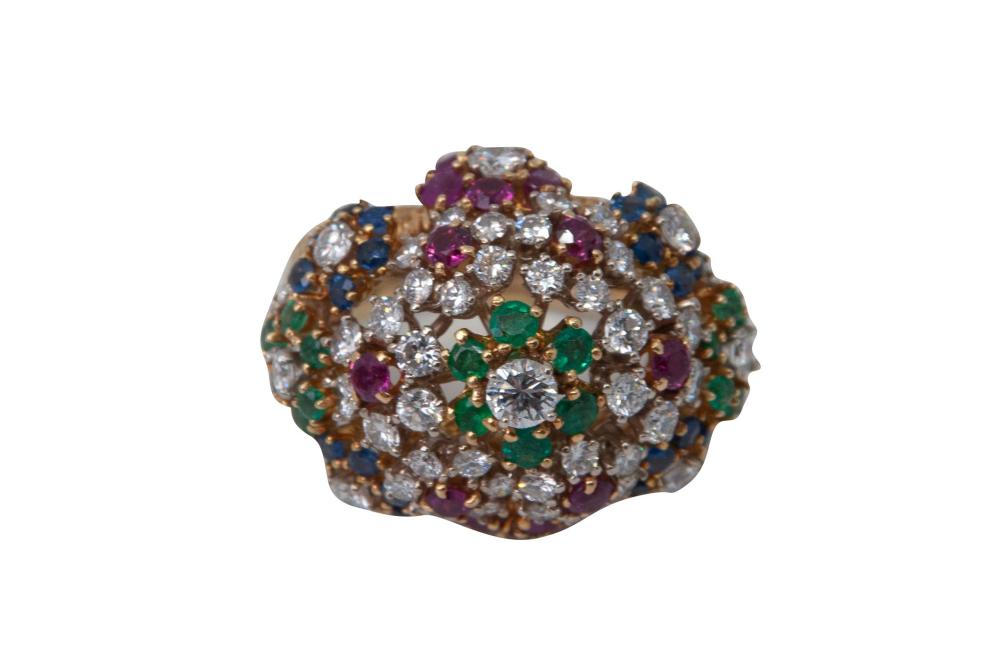 Appraisal: KARAT GOLD DIAMOND COLORED STONE BOMBE RINGapproximately grams Condition very