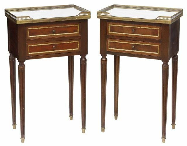 Appraisal: pair French Louis XVI style marble-top mahogany nightstands early th