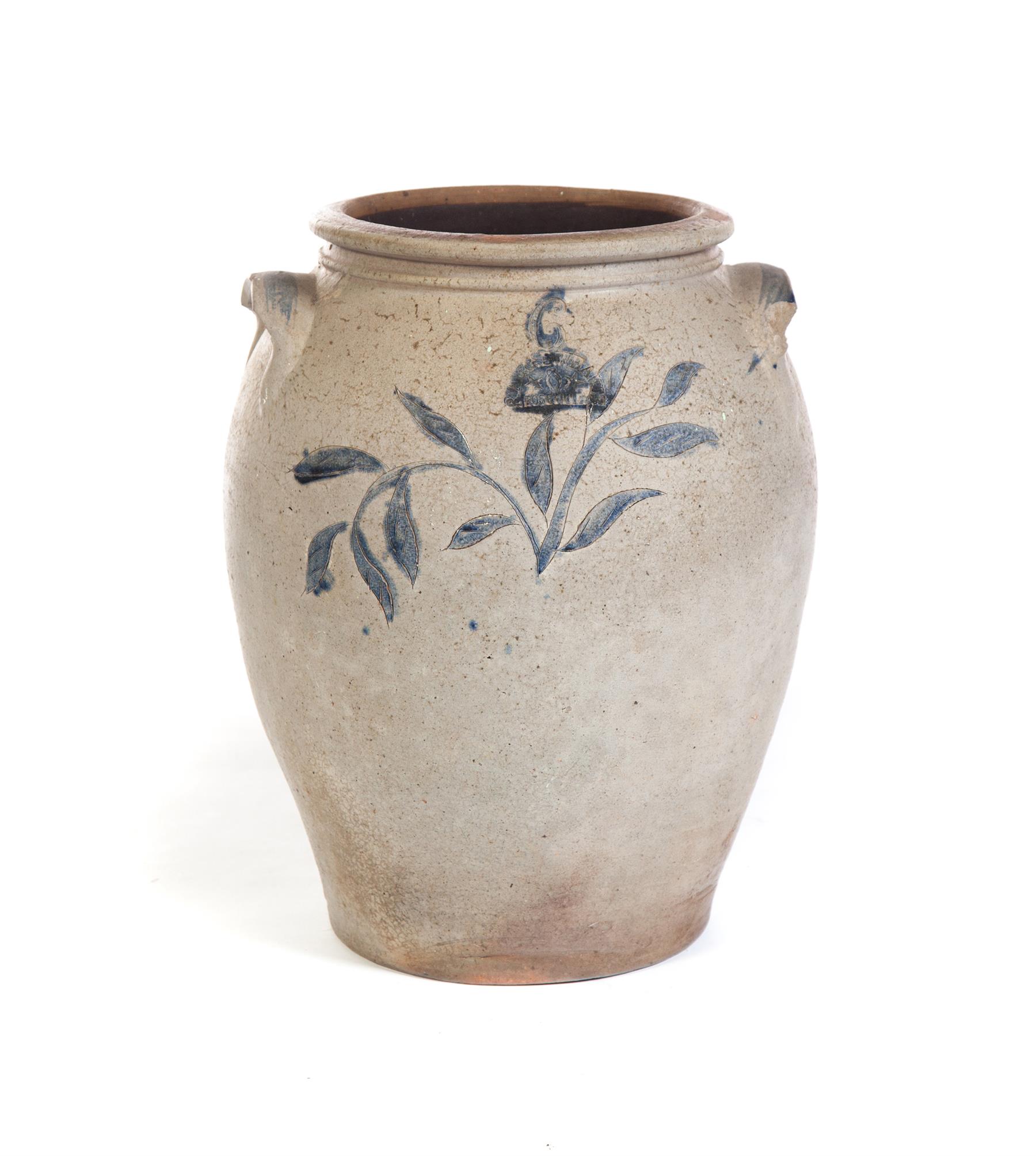 Appraisal: OHIO STONEWARE CROCK Ovoid with incised leaves accented in cobalt