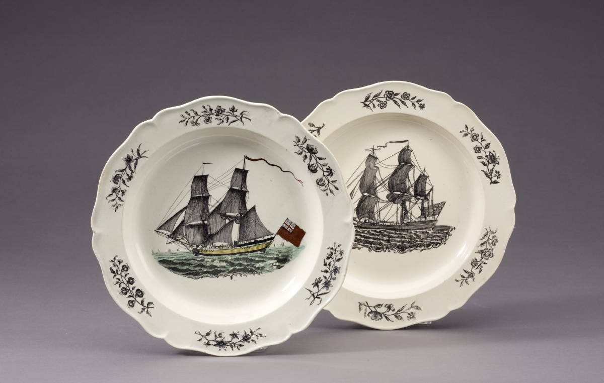 Appraisal: BRITISH SHIPS ENGLISH CREAMWARE ENAMEL-DECORATED AND BLACK TRANSFER-PRINTED PLATE AND