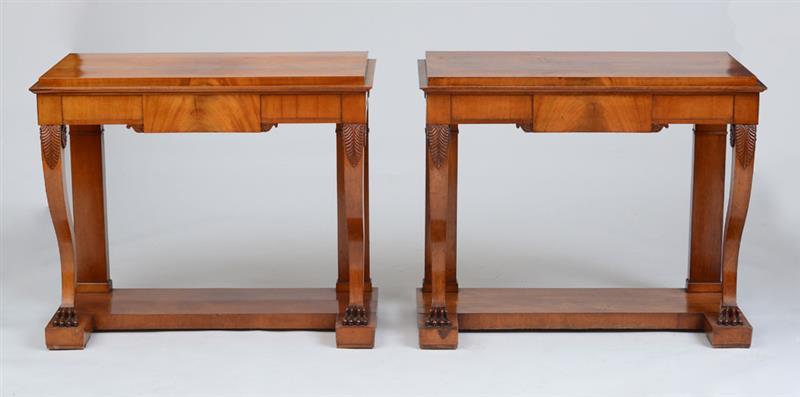 Appraisal: PAIR OF SWEDISH NEOCLASSICAL MAHOGANY CONSOLE TABLES WITH PAPER LABEL