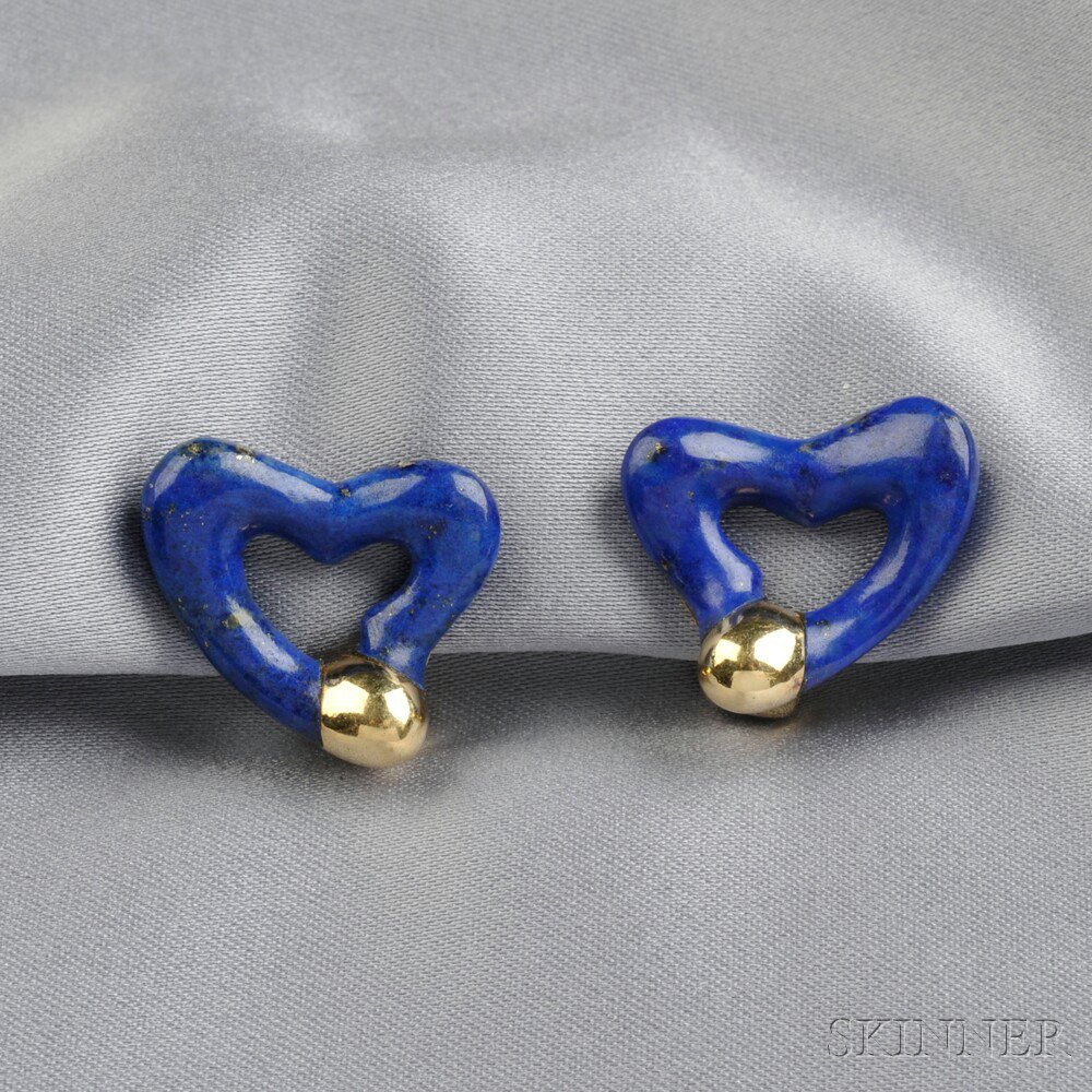 Appraisal: kt Gold and Lapis Open Heart Earclips Elsa Peretti Tiffany