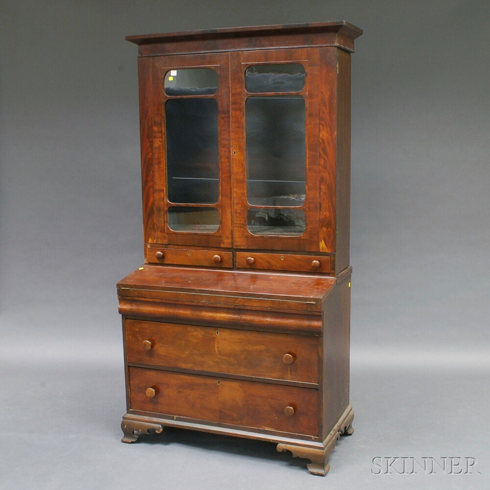 Appraisal: Late Federal Mahogany Veneer Glazed Secretary Bookcase America mid- th