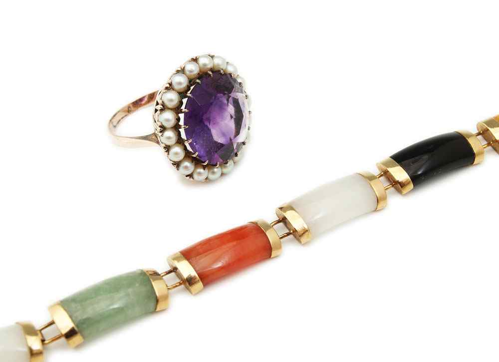 Appraisal: CT AMETHYST RING AND A JADEITE BRACELET K yellow gold