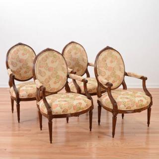 Appraisal: Set Louis XVI carved beechwood fauteuils th c oval backrests