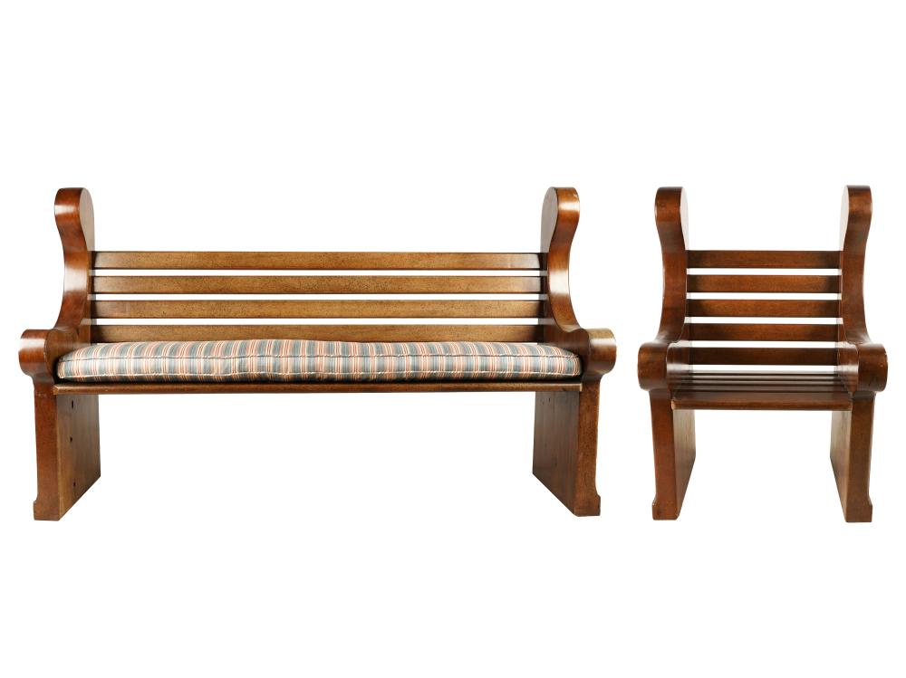 Appraisal: RAYMOND ENKEBOLL CARVED WOOD BENCH ARMCHAIRunsigned each with striped seat