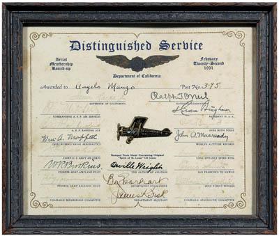 Appraisal: Orville Wright signed certificate American Legion quot Distinguished Service quot