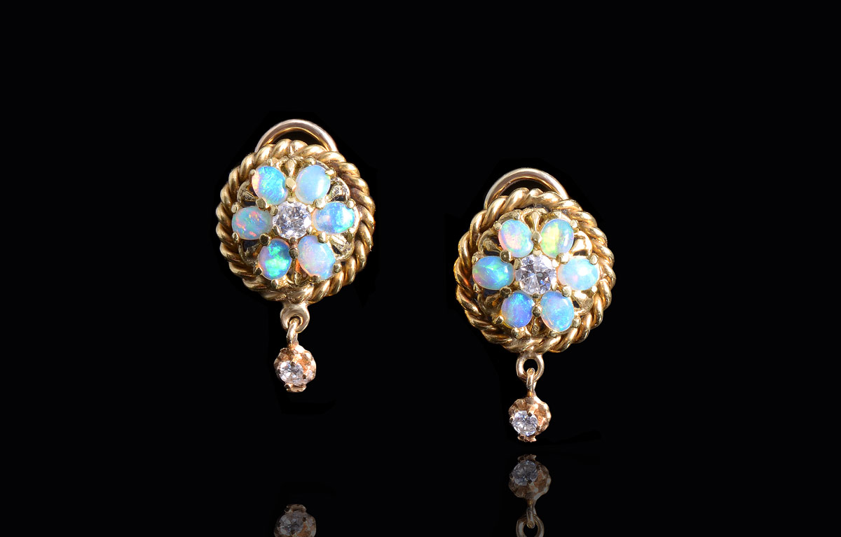 Appraisal: K OPAL DIAMOND EARRINGS K yellow gold earrings with cabochon