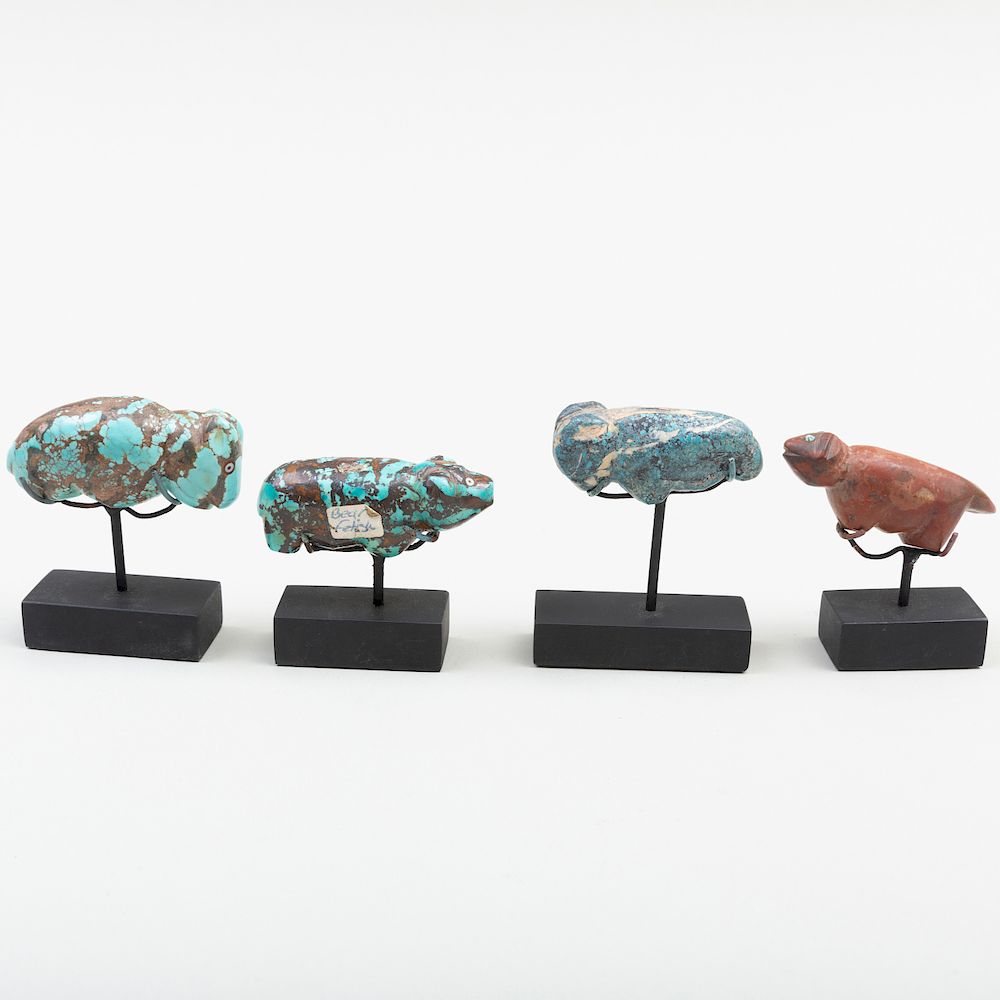 Appraisal: Three Zuni Turquoise Bear Fetishes and an Acoma Ram Fetish