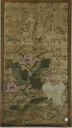 Appraisal: Japanese Silk Painting of Lotus Flowers and Birds in x