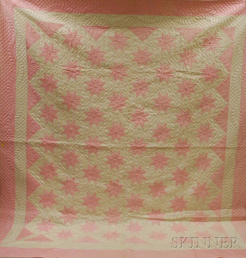 Appraisal: Hand-stitched Pink and White Sateen Pieced Star Pattern Quilt