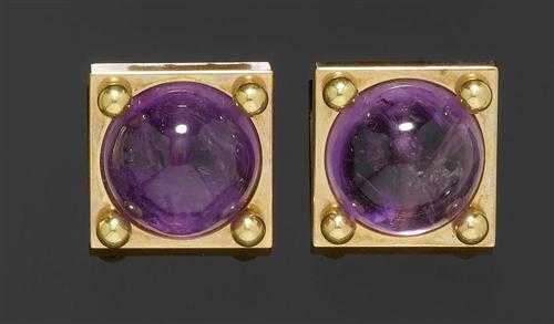 Appraisal: AMETHYST AND GOLD CLIP EARRINGS Yellow gold Decorative square clip