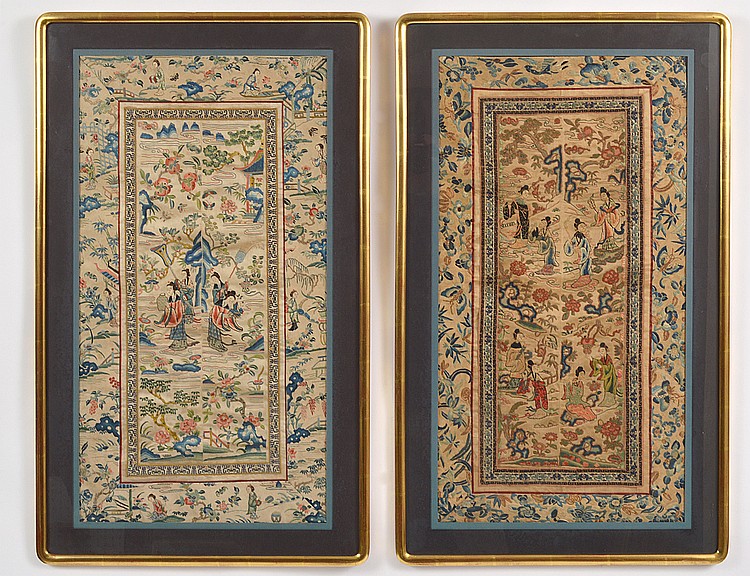 Appraisal: PAIR OF CHINESE EMBROIDERED SILK PANELS th Century or earlier