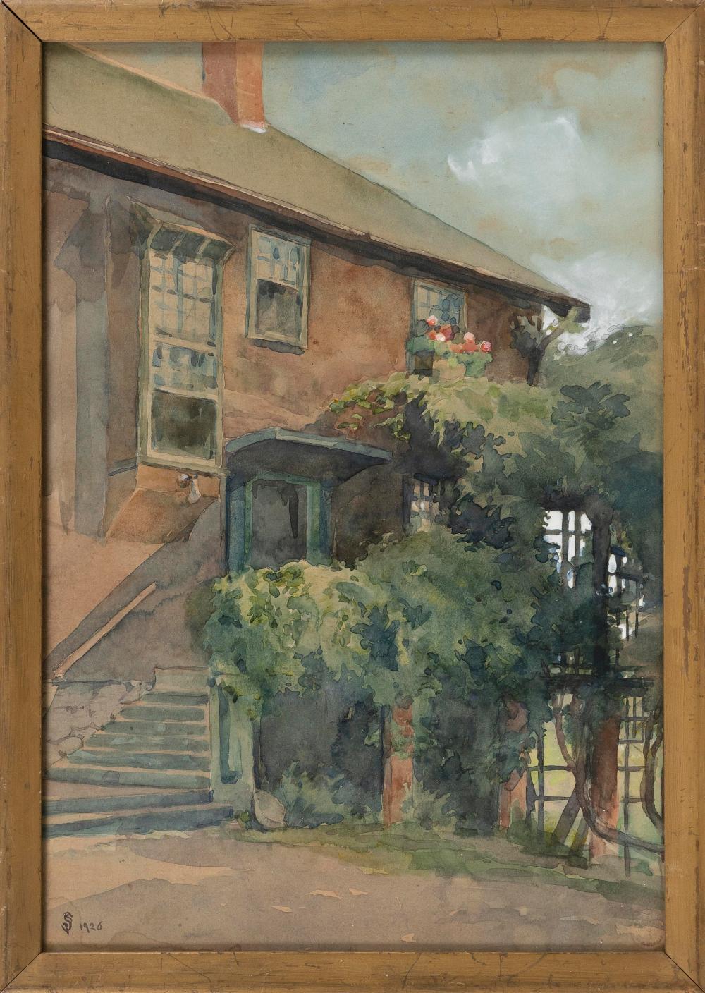 Appraisal: AMERICAN SCHOOL TH CENTURY HOUSE AMIDST TREES AND SHRUBS WATERCOLOR