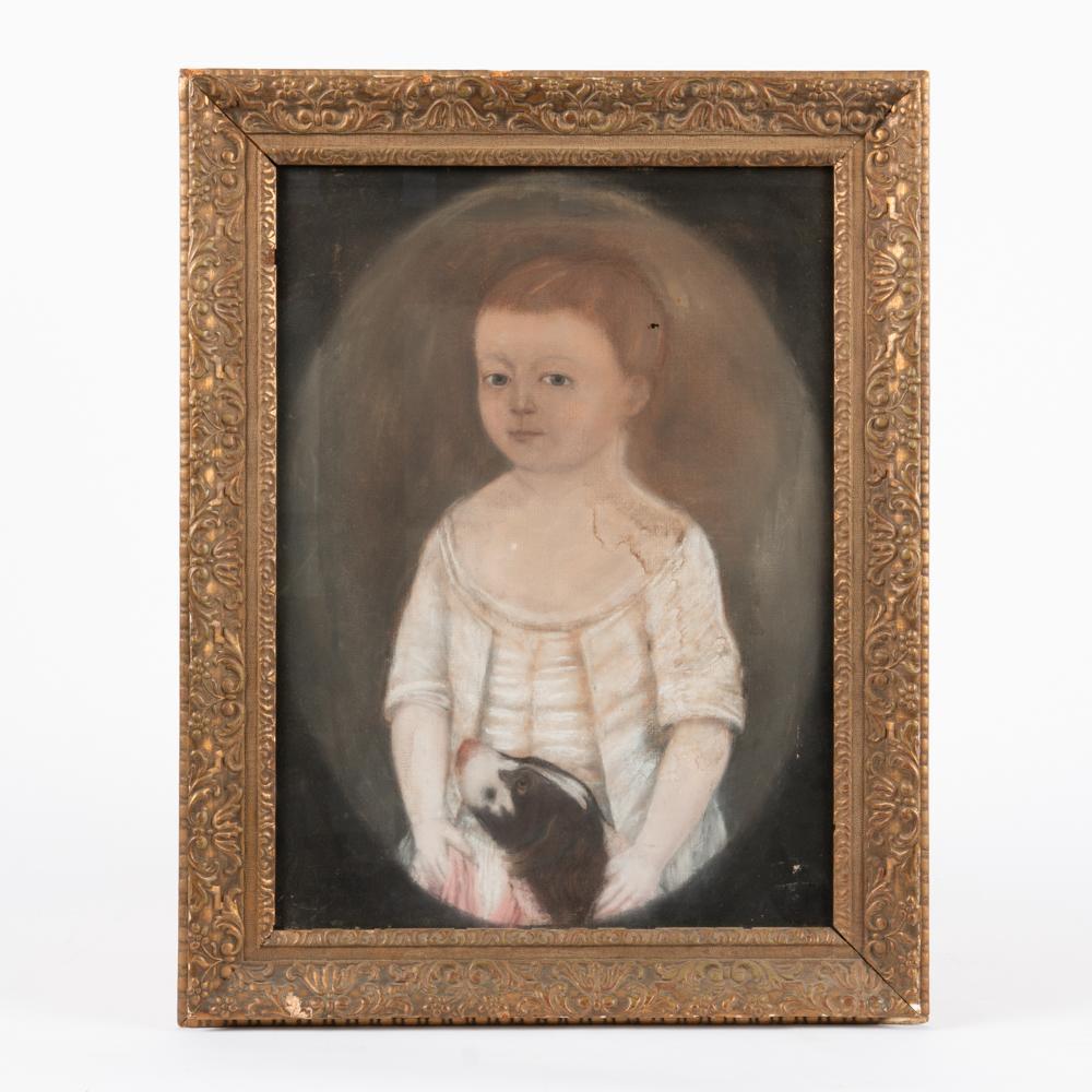 Appraisal: NAIVE PASTEL PORTRAIT OF BOY AND DOG A charming th