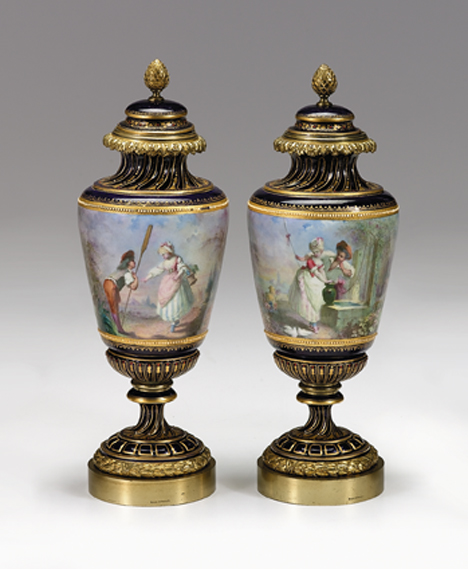 Appraisal: Pair of gilt-bronze mounted Sevres 'jeweled' porcelain covered vases late