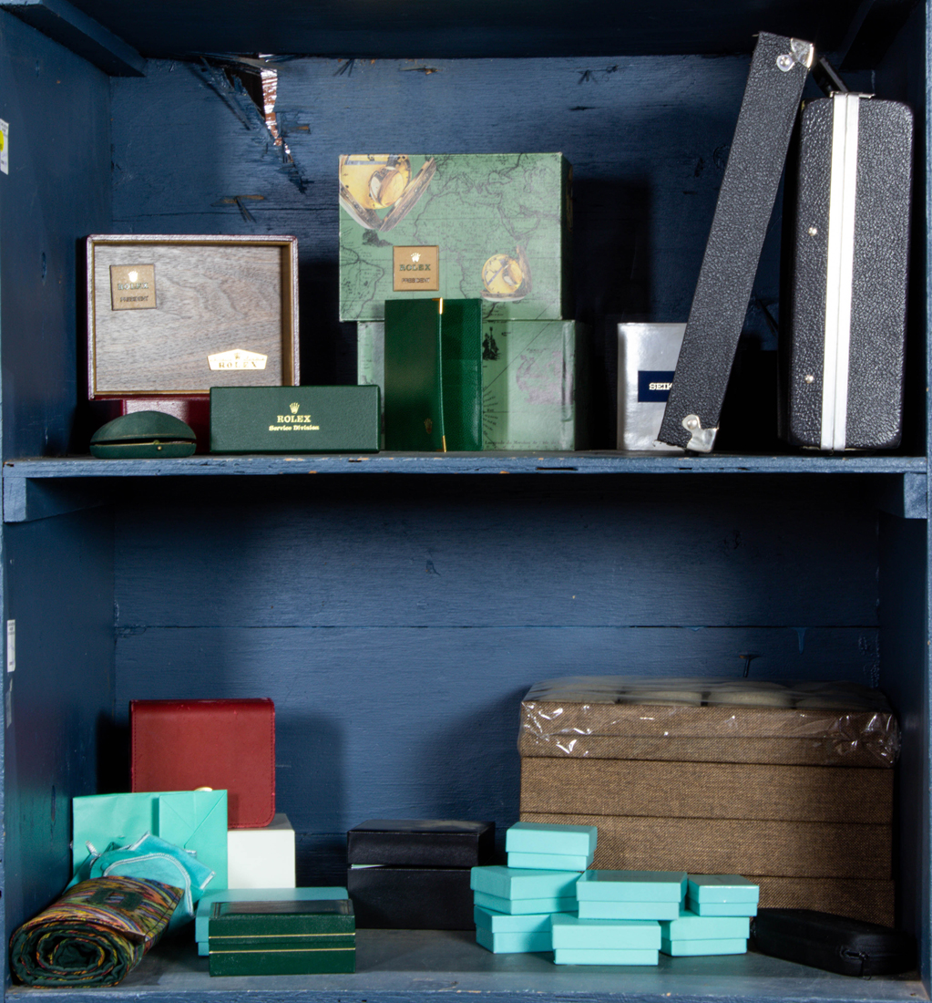 Appraisal: TWO SHELVES OF ASSOCIATED BOXES Two shelves of associated boxes