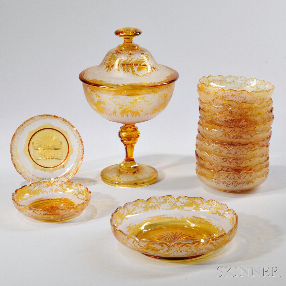 Appraisal: Sixteen Bohemian Amber Glass Tableware Items late th first quarter