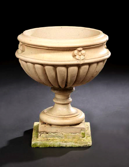 Appraisal: Italian Carved Cream Marble Ribbed and Footed Circular Garden Urn