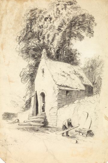 Appraisal: Thomas Moran American - Figure Working Near a Country Cottage