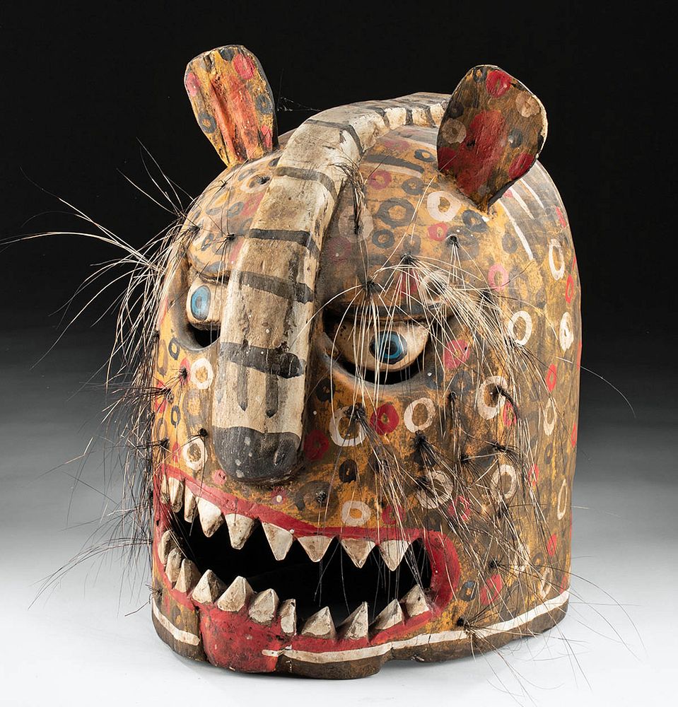 Appraisal: Mid- th C Mexican Polychrome Wood Jaguar Helmet Mask North