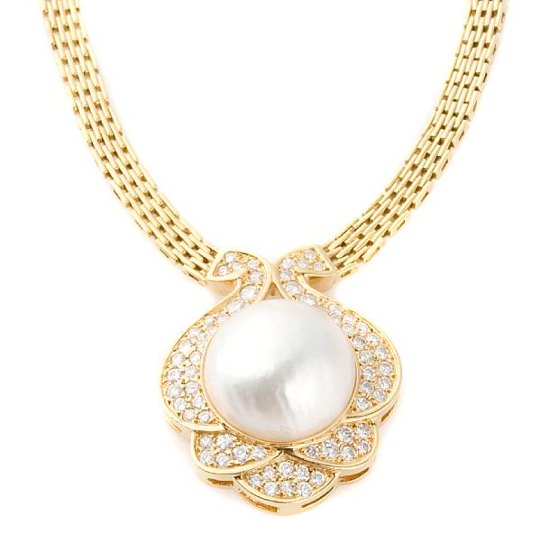 Appraisal: A mab pearl diamond and k gold necklace pearl measures