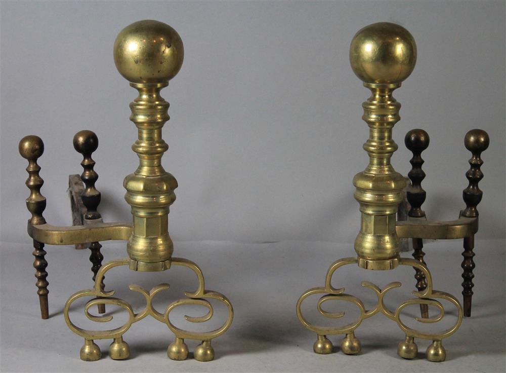 Appraisal: PAIR OF LARGE BALL-TOP ANDIRONS ALONG WITH ANOTHER PAIR OF