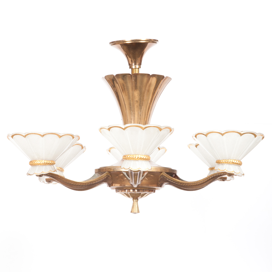 Appraisal: French Art Deco Brass Finish Metal Six-Light Chandelier Circa -