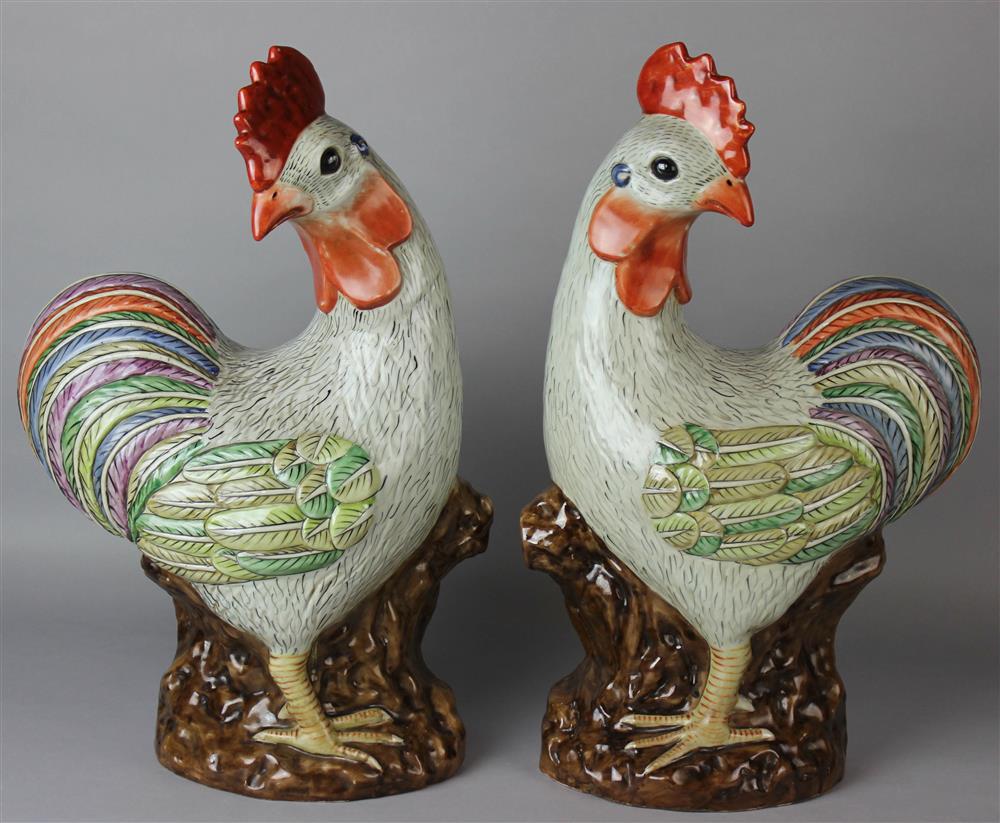 Appraisal: PAIR OF CHINESE LARGE EXPORT STYLE MODELS OF ROOSTERS MODERN