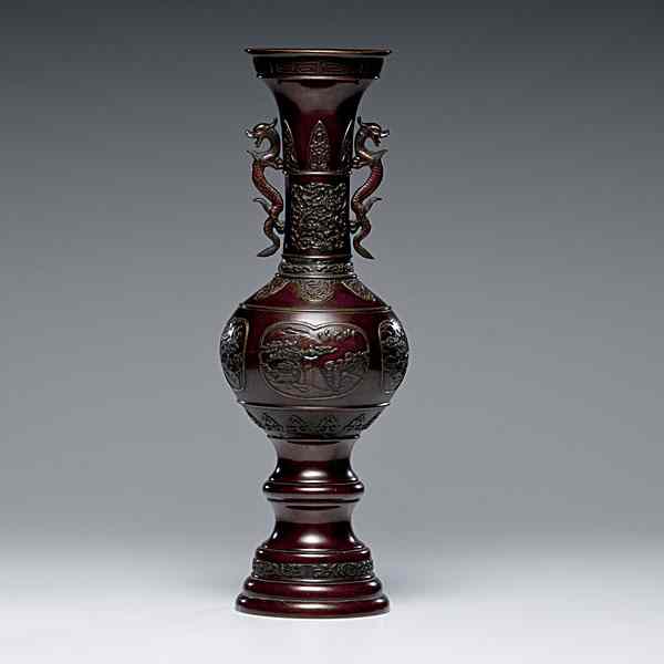 Appraisal: Japanese Bronze Vase Japanese bronze cast with dragon handles ht