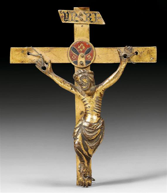 Appraisal: CRUCIFIX probably Italy circa Gilt bronze The center with champleve