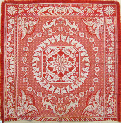 Appraisal: Red and white coverlet mid th c with eagle corners