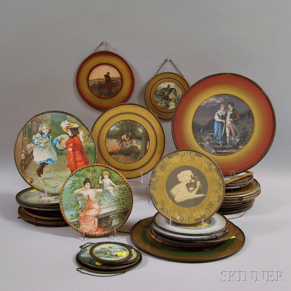 Appraisal: Collection of Metal-framed Flue Covers Featuring Genre and Pastoral Scenes